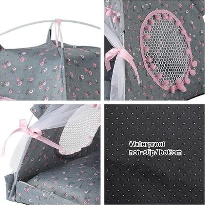 Cat Bed Tents Dog House Indoor Outdoor Lace Mesh Breathable Windows Door Curtains Removable Portable Nest Teepe House (Medium,Gray&Pink)