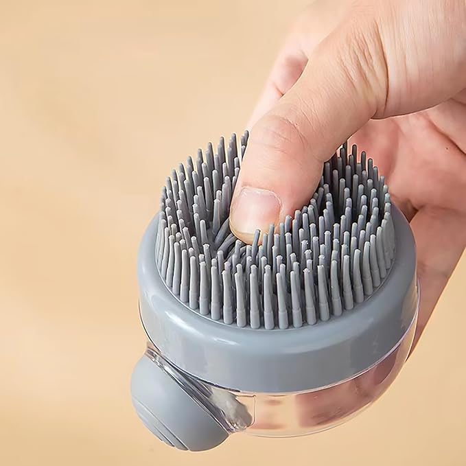 Pet Bath Brush with Soap Dispenser - Silicone Shower Brush for Short and Long-Haired Dogs and Cats (grey)