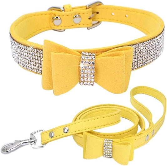 Rhinestone Bowtie Small Dog Collar and Leash Set, Diamond Puppy Collars Bow Crystal Bling Jeweled Glitter Girl Female Adjustable for XXSmall X-Small Small Medium Large Dogs (Yellow-1,XXSmall)