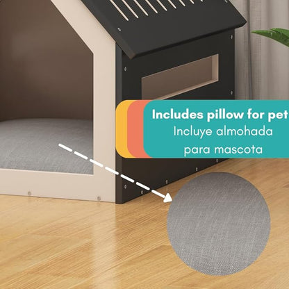 Big House for Pets, Wooden House for Pets for Interiors, Resistant Wood with Cushion for Dog Included, Minimalist, Elegant and Resistant, 24x25x24.5 in, Black