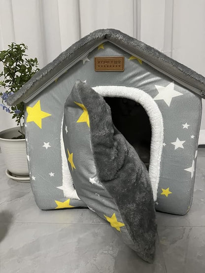 SEAHOME Foldable Dog House Kennel Bed Mat for Indoor Pets,Enclosed Warm Plush Sleeping Nest Bed with Removable Cushion,Covered Small Pet Condos Indoor Cat Hideaway (L, Grey)