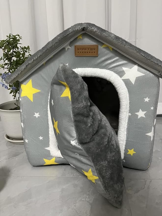 SEAHOME Foldable Dog House Kennel Bed Mat for Indoor Pets,Enclosed Warm Plush Sleeping Nest Bed with Removable Cushion,Covered Small Pet Condos Indoor Cat Hideaway (M, Grey)