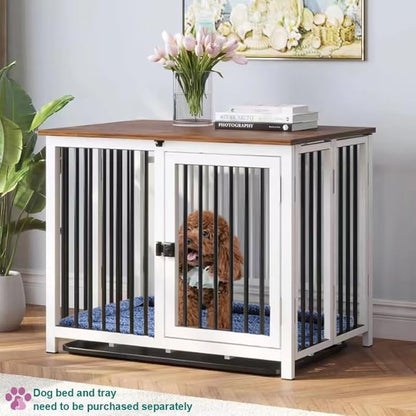 Heavy Duty Dog Crate Furniture, Fully Assembled exc. Locks, All Metal Frame & Wooden Tabletop, Modern Kennel for Small Dog, End Table, Sturdy, Foldable, White+Black/Rustic Brown