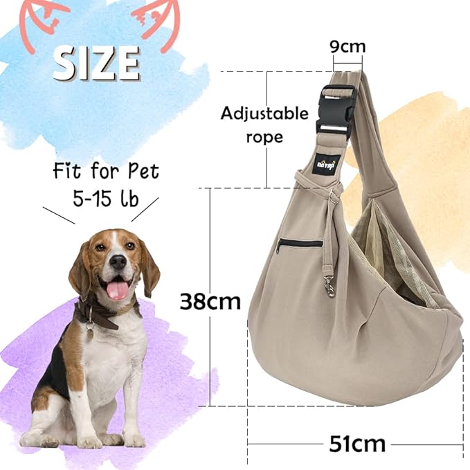 NATUYA Pet Dog Sling Carrier - Dog Sling with Net Bag for Carrier Dogs Cats-Hands Free Pet Bag-Buckle net Pocket pet Bag (Khaki)