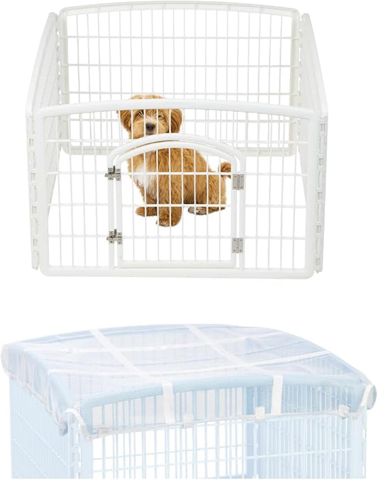 IRIS USA 24" Exercise 4-Panel Pet Playpen with Door + Mesh Top Cover for Dog Playpen, Dog Playpen, Puppy Playpen, for Small and Medium Dogs, Keep Pets Secure, Easy Assemble, Durable Material, White