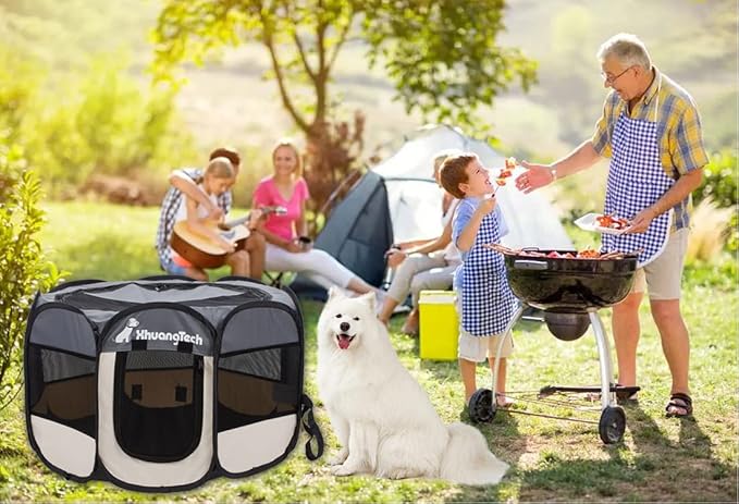 Foldable Pet Dog Playpen, Pop Up Portable Cat Playpen, Indoor/Outdoor for Kitten Puppy Play Pen, Cats Crate Tent with Carrying Bag, 600D Oxford (Grey + Beige, Medium (31.5"x31.5"x23"), 8)