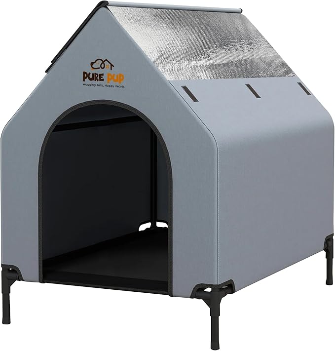 Outdoor Dog House with Elevated Bed, Weatherproof Canopy, Breathable Mesh Fabric with Windows – Ideal Shelter for Large Breeds