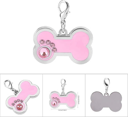 KUIDAMOS 4 Colors Cute Pet Zinc Alloy Tag, Bone Shape with Rhinestones Decor, Personalized for Dogs and Cats, Also as A Keychain()