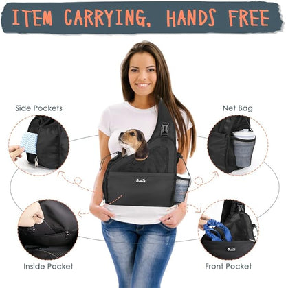 Lukovee Dog Slings for Small Dogs, Hard Bottom Support & Adjustable Soft Padded Shoudler Strap Dog Sling Carrier, Dog Purse with Button Closure & Zipper Pockets (for Short Leg Pets up to 6 lbs,Black)