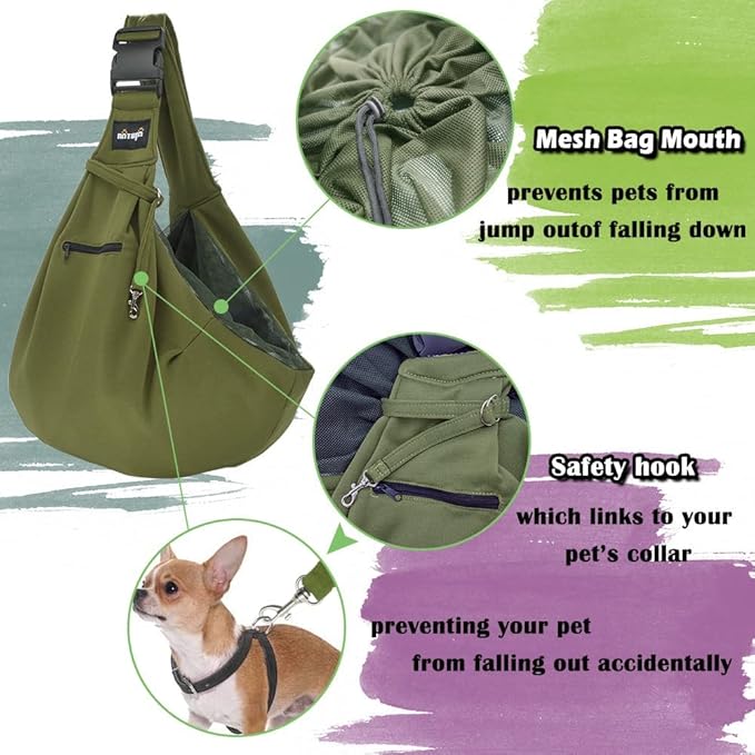 NATUYA Pet Dog Sling Carrier - Dog Sling with Net Bag for Carrier Dogs Cats-Hands Free Pet Bag-Buckle net Pocket pet Bag (Green)