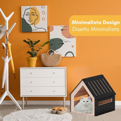 Big House for Pets, Wooden House for Pets for Interiors, Resistant Wood with Cushion for Dog Included, Minimalist, Elegant and Resistant, 24x25x24.5 in, Black