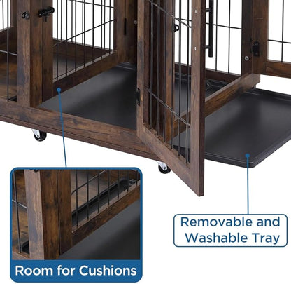 Dog Crate Furniture with 2 Drawers, Wooden Dog Kennel with Divider and Removable Tray, Double Rooms Dog Cage for 2 Dogs, Wooden Dog Crate End Table