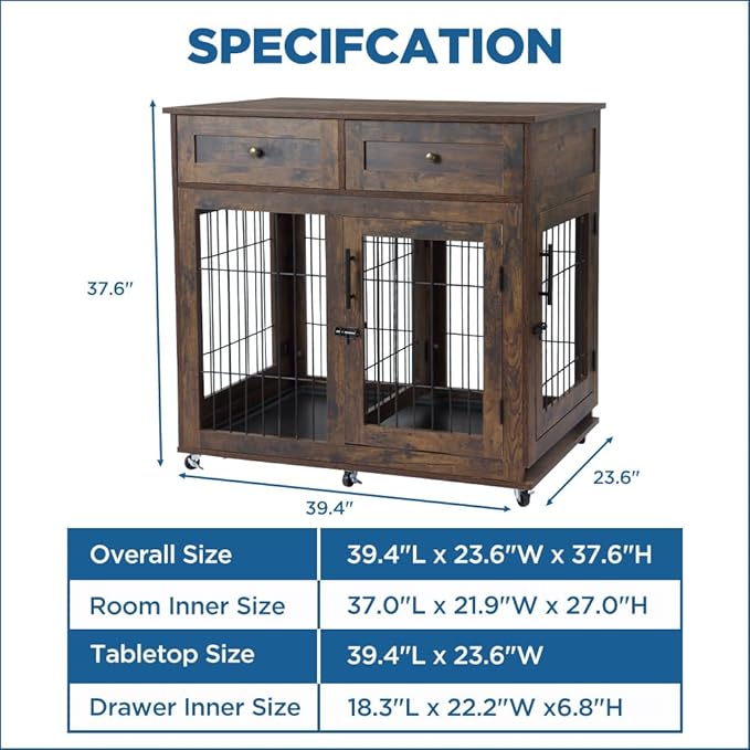 2 Dog Crate Furniture with 2 Drawer,39.4" Wooden Large Dog Kennel Crate End Table with Wheels (Brown)