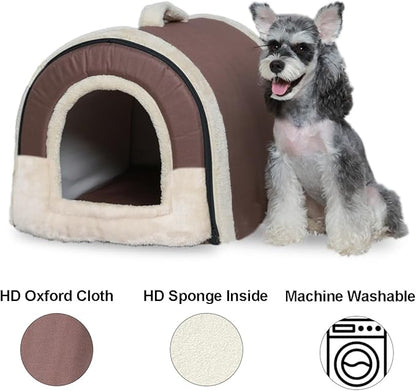 ANPPEX Igloo Dog House Indoor,L Size Dog Cave for Small and Medium Dogs,2-in-1 Washable Covered Dog Bed,Brown