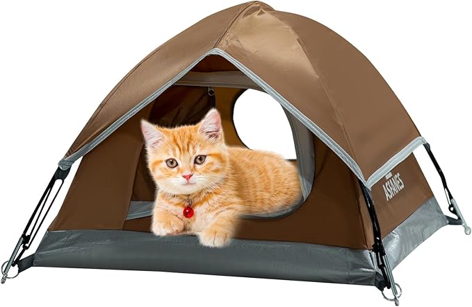 Outdoor Waterproof Pet Camping Tent, Cave Bed for Indoor Cats and Small Dogs, Portable Cat House Dog House, 21.6x21.6x14.9'', Brown, S.