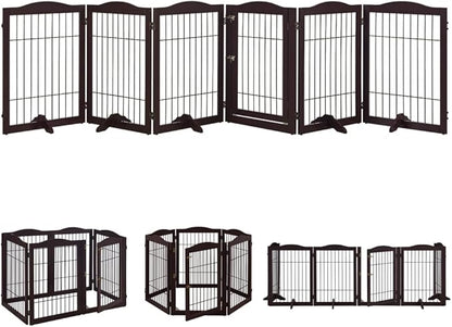 beeNbkks Extra Wide Pet Gate, 6 Panels Freestanding Dog Gate with Walk Through Door and 5 Support Feet, Foldable Pet Barrier Fence for Stairs Doorways Fireplace, Indoor Exercise Playpen for Dogs Cats