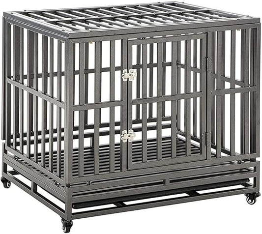 KELIXU 38” Heavy Duty Dog Crate Large Dog Cage Metal Dog Kennels and Crates for Large Dogs Indoor Outdoor with Locks, Lockable Wheels and Removable Tray, Easy to Install, Black