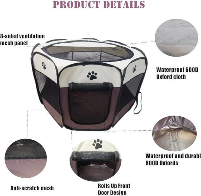 Portable Pet Playpen for Small Cat Dog Puppy Rabbit,Cat Kitten Playpen Indoor Outdoor with Carrying Case,Waterproof Bottom and Removable Zipper Top (S(28.7" x 28.7" x 16"), Brown)