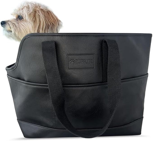 Luxury Dog Purse Carrier for Small Dogs, Faux Leather Pet Carrier Purse, Secure Harness Clip, Dog Tote Bag Carrier for Small Dogs and Puppies - Black