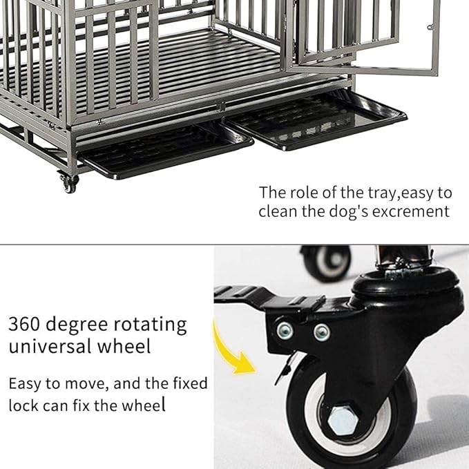 KELIXU 46” Heavy Duty Dog Crate Large Dog Cage Metal Dog Kennels and Crates for Large Dogs Indoor Outdoor with Locks, Lockable Wheels and Removable Tray, Easy to Install, Black