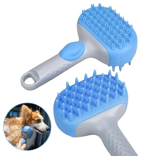 QMEAKMONY Dog Bath Brush Shampoo Brush Scrubber for Bath with Soap Dispenser Soft Bristles Deep Cleaning Ergonomic Handle for Grooming Shedding and Long Short Haired Dogs (Blue Blue)