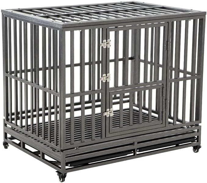 KELIXU 46” Heavy Duty Dog Crate Large Dog Cage Metal Dog Kennels and Crates for Large Dogs Indoor Outdoor with Locks, Lockable Wheels and Removable Tray, Easy to Install, Black
