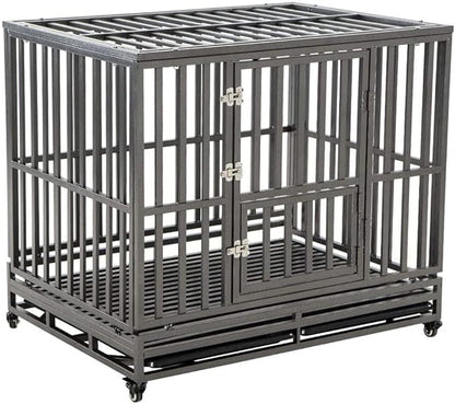 KELIXU 46” Heavy Duty Dog Crate Large Dog Cage Metal Dog Kennels and Crates for Large Dogs Indoor Outdoor with Locks, Lockable Wheels and Removable Tray, Easy to Install, Black