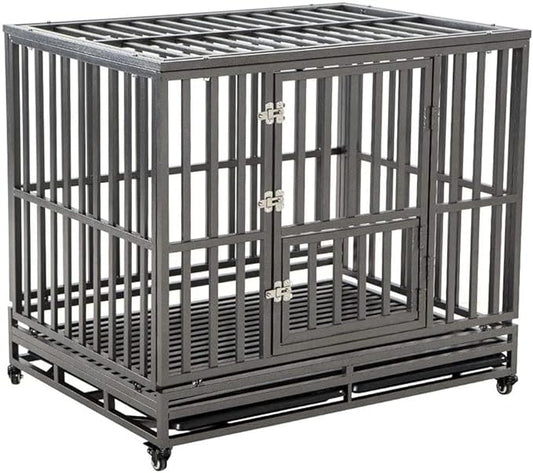 KELIXU 46” Heavy Duty Dog Crate Large Dog Cage Metal Dog Kennels and Crates for Large Dogs Indoor Outdoor with Locks, Lockable Wheels and Removable Tray, Easy to Install, Black