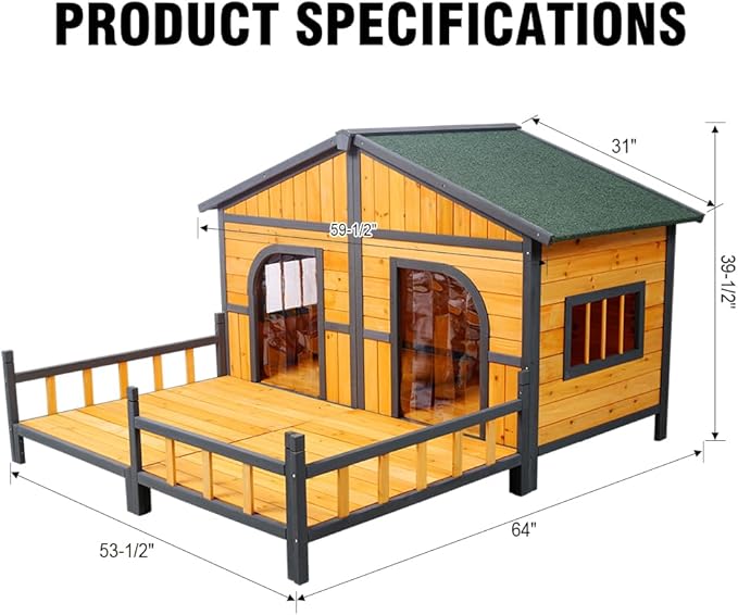 Wooden Dog House Outdoor Indoor, Double Dog Kennel Pet House with Window, Weatherproof Dog Houses with Porch, Double Room, Openable Asphalt Roof, Elevated Floor, Puppy Shelter for 2 Small Medium Dogs