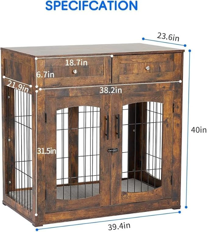 GAOMON Dog Crate Furniture with Cushion,Wooden Dog Kennels Indoor with 2 Drawers,Dog Furniture Crate End Table with Storage