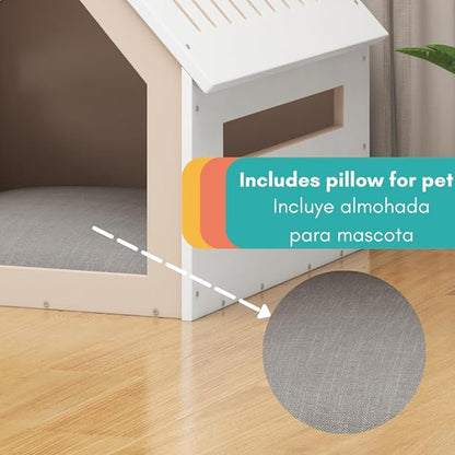 Big House for Pets, Wooden House for Pets for Interiors, Resistant Wood with Cushion for Dog Included, Minimalist, Elegant and Resistant, 24x25x24.5 in, Matte White