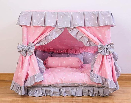 Princess Pink Grey White Heart Pet Dog Handmade Bed House+1 Candy Pillow (M)