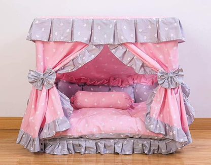 Princess Pink Grey White Heart Pet Dog Handmade Bed House+1 Candy Pillow (L)