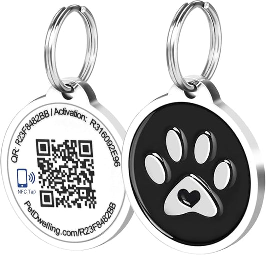 Premium NFC & QR Code Smart Dog ID Tag - Easy Scanning, Instant Profile Access, Real-Time Location Alerts(Black Paw)