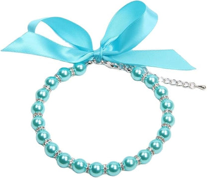 Dog Cat Pearls Necklace Collar with Bling Accessories and Ribbon Bow Pet Puppy Jewelry for Female Dogs Cats Small Medium (S, Blue)
