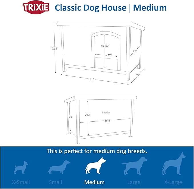 Trixie Natura Classic Dog House– Outdoor Dog House for Medium Dogs with Weatherproof Sealer & Hinged Roof, Wooden Dog House with Adjustable Legs for Medium Dogs in Grey – 27 x 41 x 28.5 in