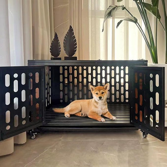 Furniture Dog Crate, Heavy Duty Dog Crate Indoor with 4 Lockable Wheels and Drawer Tray Large Dog Crate Kennel for Large Medium Small Dogs Black One Size