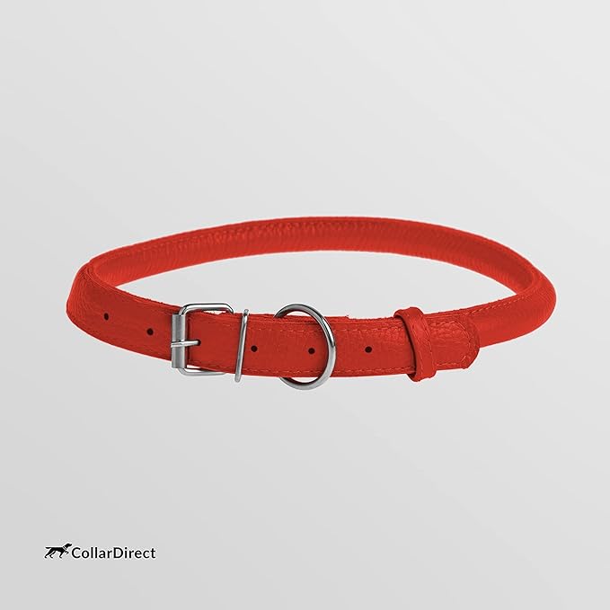 CollarDirect Rolled Leather Dog Collar, Soft Padded Round Puppy Collar, Handmade Genuine Leather Collar Dog Small Large Cat Collars 13 Colors (12-15 Inch, Red Textured)