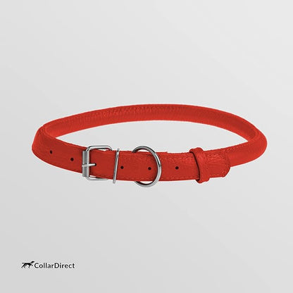 CollarDirect Rolled Leather Dog Collar, Soft Padded Round Puppy Collar, Handmade Genuine Leather Collar Dog Small Large Cat Collars 13 Colors (12-15 Inch, Red Textured)