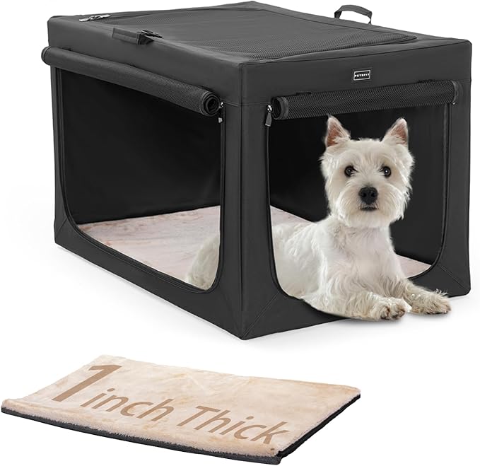 PETSFIT Portable Dog Crate, Soft Dog Crate - 24 Inch Easy Set-up, Light, Sturdy, Comfy Inside with Thicken Mat, Collapsible Crate for Home and Travel Black