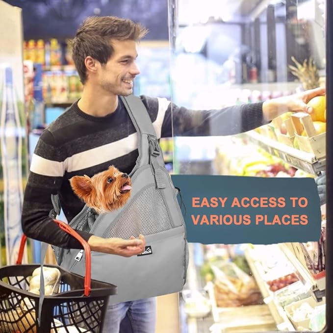Lukovee Dog Slings for Small Dogs, Hard Bottom Support & Adjustable Soft Padded Shoudler Strap Dog Sling Carrier, Dog Purse with Button Closure & Zipper Pockets (for Pets 6-12 lbs, Grey)