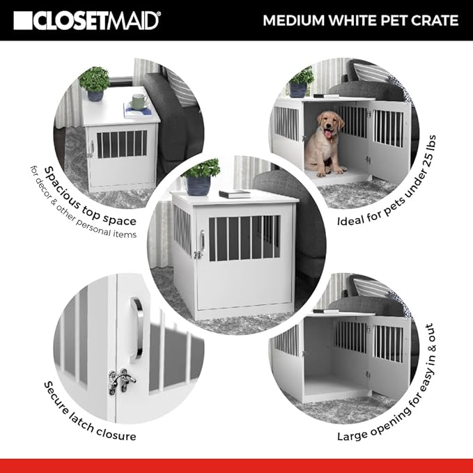 ClosetMaid Pet Crate End Table Furniture for Medium Dogs or Cats Under 25 lbs, White Wood Finish