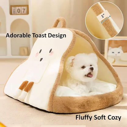 Portable Pet Cave for Puppy Kitten Cute Toast Design for Small Pets Cosy Cuddler (M:up to 5.5lbs)