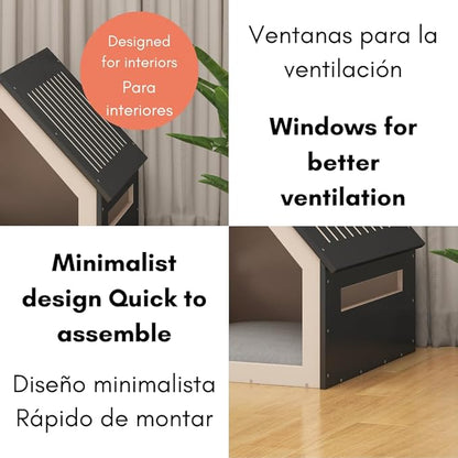 Medium House for Pets, Wooden House for Pets for Interiors, Resistant Wood with Cushion for Dog Included, Minimalist, Elegant and Resistant, 18x18x18 in, Black