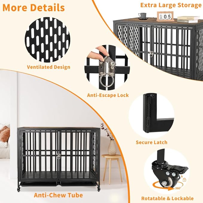 42'' Dog Crate Furniture, Wooden Dog Kennel with Lockable Wheels, Dog Crate End Table with Trays, Decorative Dog Kennel Indoor, Heavy Duty Dog Cage for Medium Large Dogs, Rustic Brown