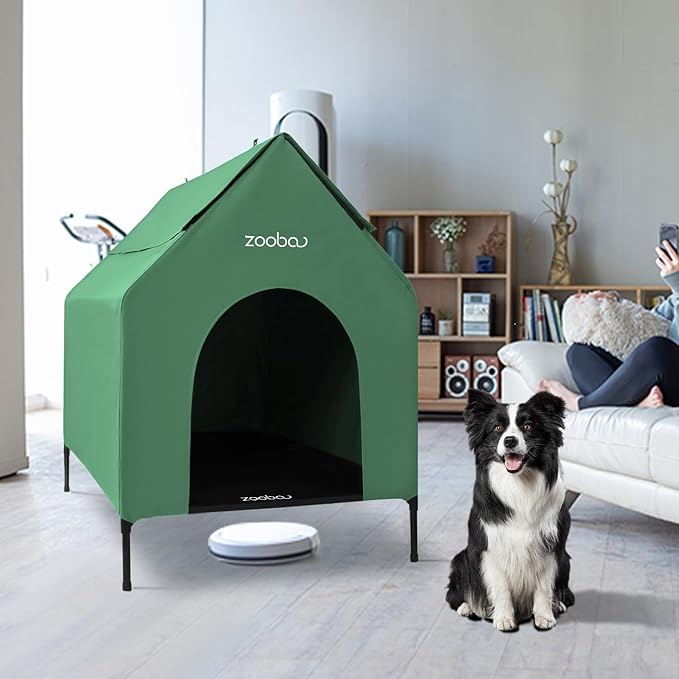36" Large Dog House - Weatherproof PVC, Textilene Dog Bed - Easy Clean (Green)