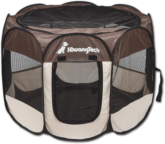 Foldable Pet Dog Playpen, Pop Up Portable Cat Playpen, Indoor/Outdoor for Kitten Puppy Play Pen, Cats Crate Tent with Carrying Bag, 600D Oxford (Coffee + Beige, Medium (31.5"x31.5"x23"), 8)