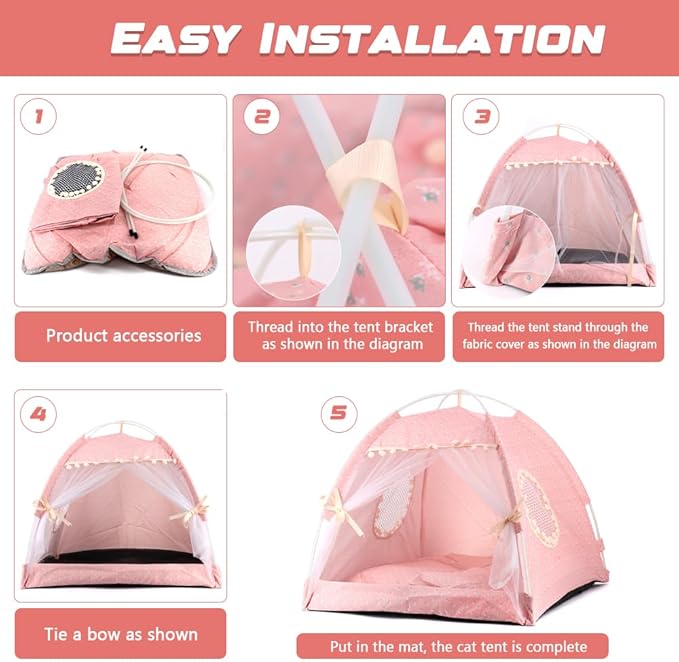 pawstrip Dog Tent Indoor Cat House Pink Puppy Bed Portable Pet Teepe Princess Dog Camping Tent Outdoor Kitten Houses Cute Bunny Nest Girl Kitty Cave (L, Light Pink)