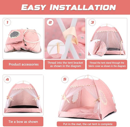 pawstrip Dog Tent Indoor Cat House Pink Puppy Bed Portable Pet Teepe Princess Dog Camping Tent Outdoor Kitten Houses Cute Bunny Nest Girl Kitty Cave (L, Light Pink)