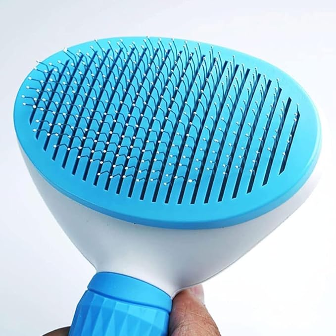 Self-Cleaning Slicker Brush for Deshedding Pets - Smooth Handle with Cleaning Button, Ideal for Grooming and Massaging Dogs and Cats (Blue)